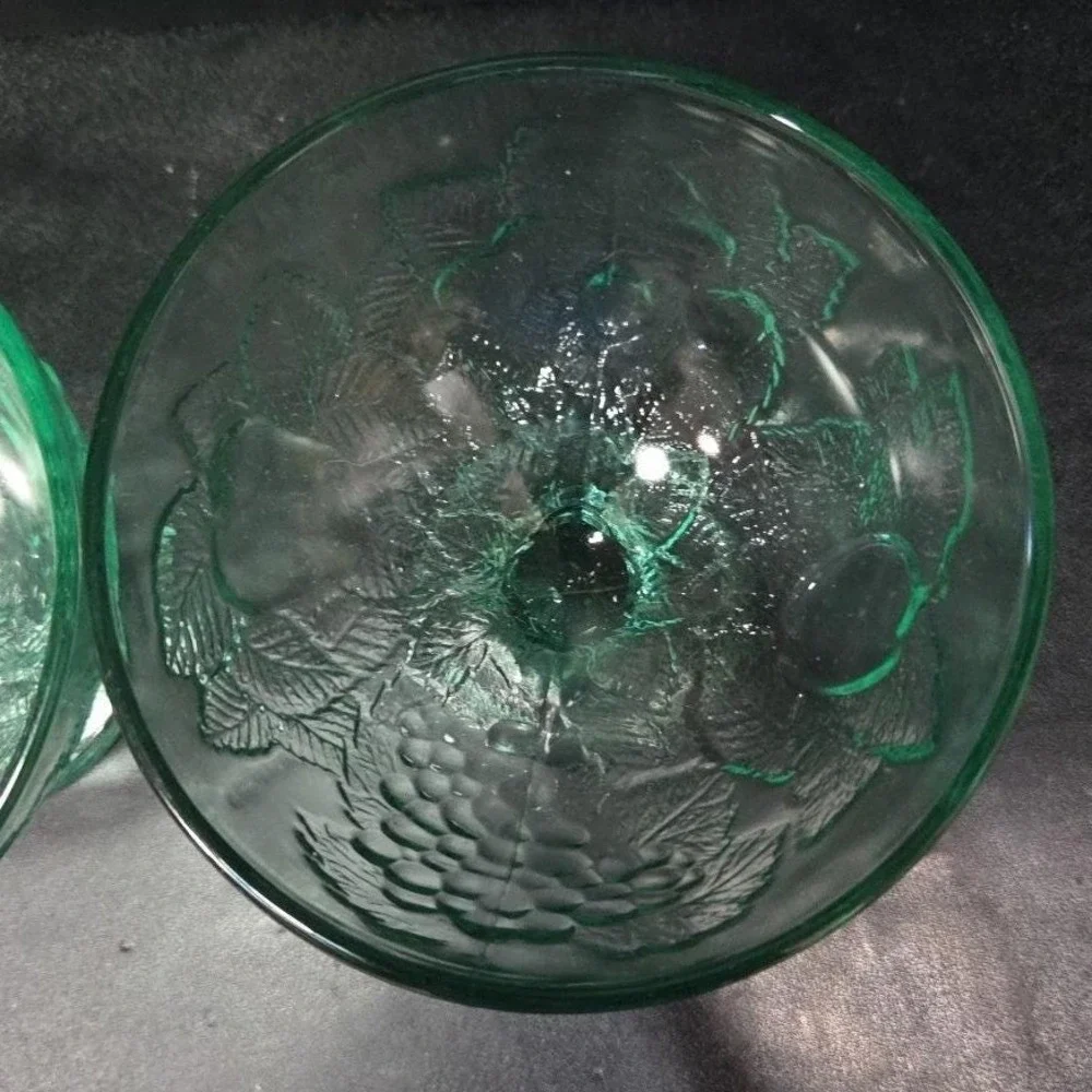 Pasabahce Green Dessert Bowls, Set of‎ 2, Vintage Fruit Design, Footed Glassware